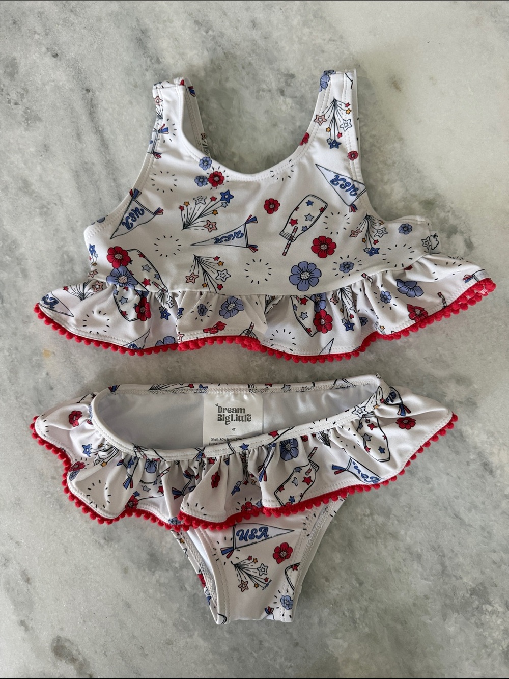 Dream Big Little Co White Ruffle Bikini with Red & Blue Floral Print Size 4T